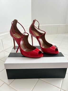 Aquazzura Red Patent Peep-Toe Lace-Up Stilettos
